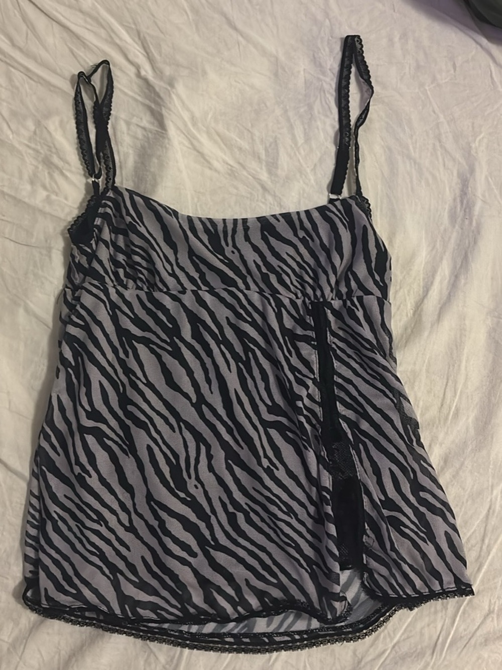 Harlow Zebra-Print Spaghetti Strap Tank Top in Black and Gray